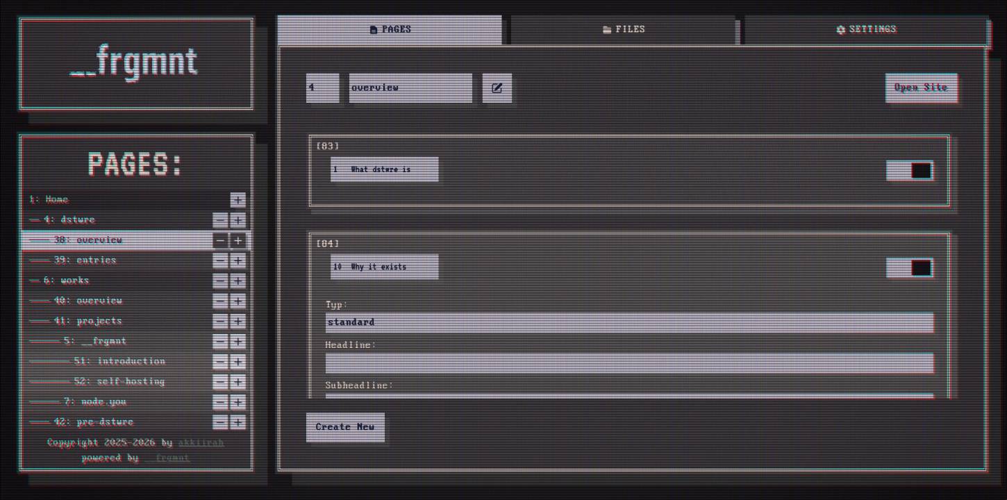 __frgmnt page management view showing the site tree on the left and editable content blocks for the selected page on the right.