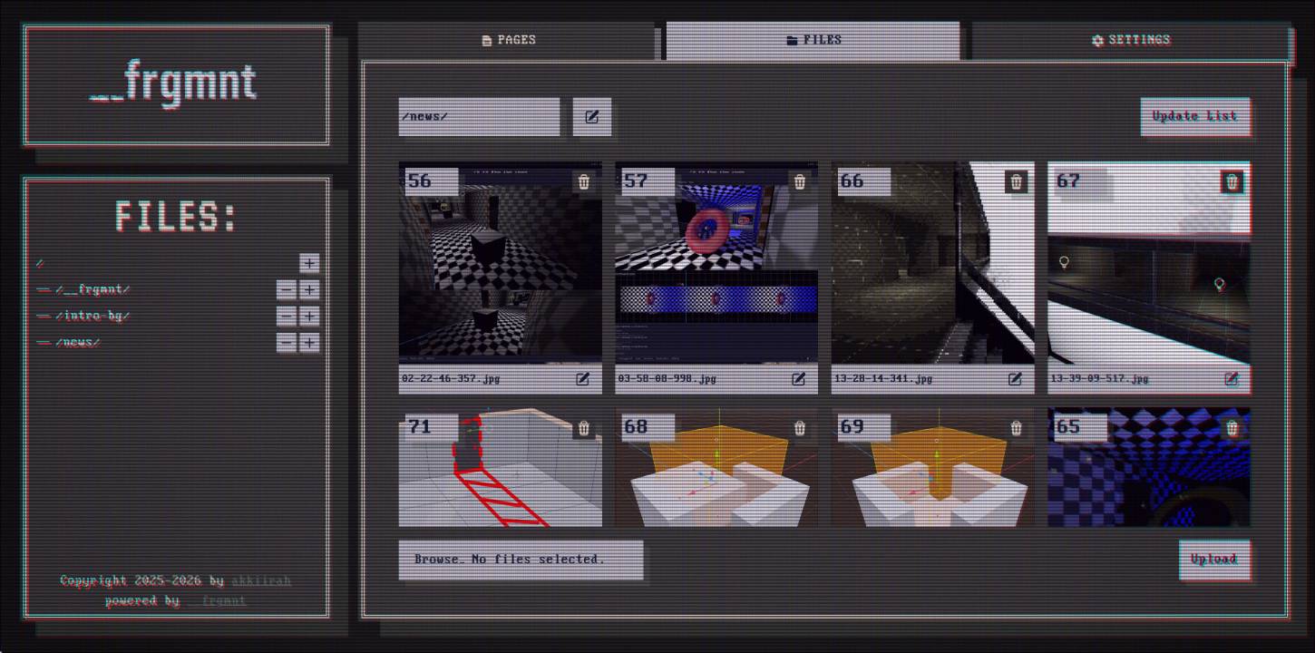 __frgmnt file management view with uploaded images displayed in a grid and a file tree shown in the sidebar.