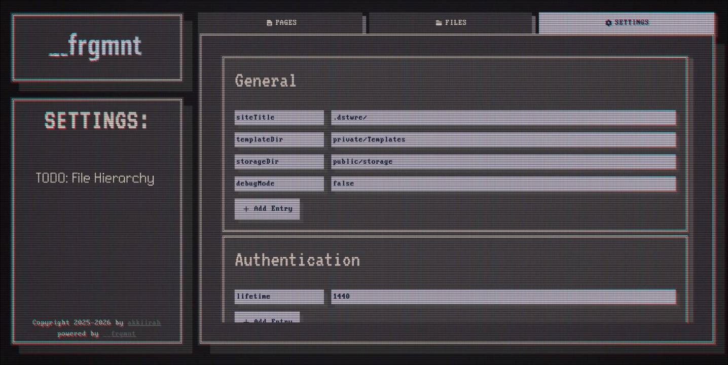 __frgmnt settings view showing editable configuration entries such as site title, template paths, debug mode and authentication lifetime.