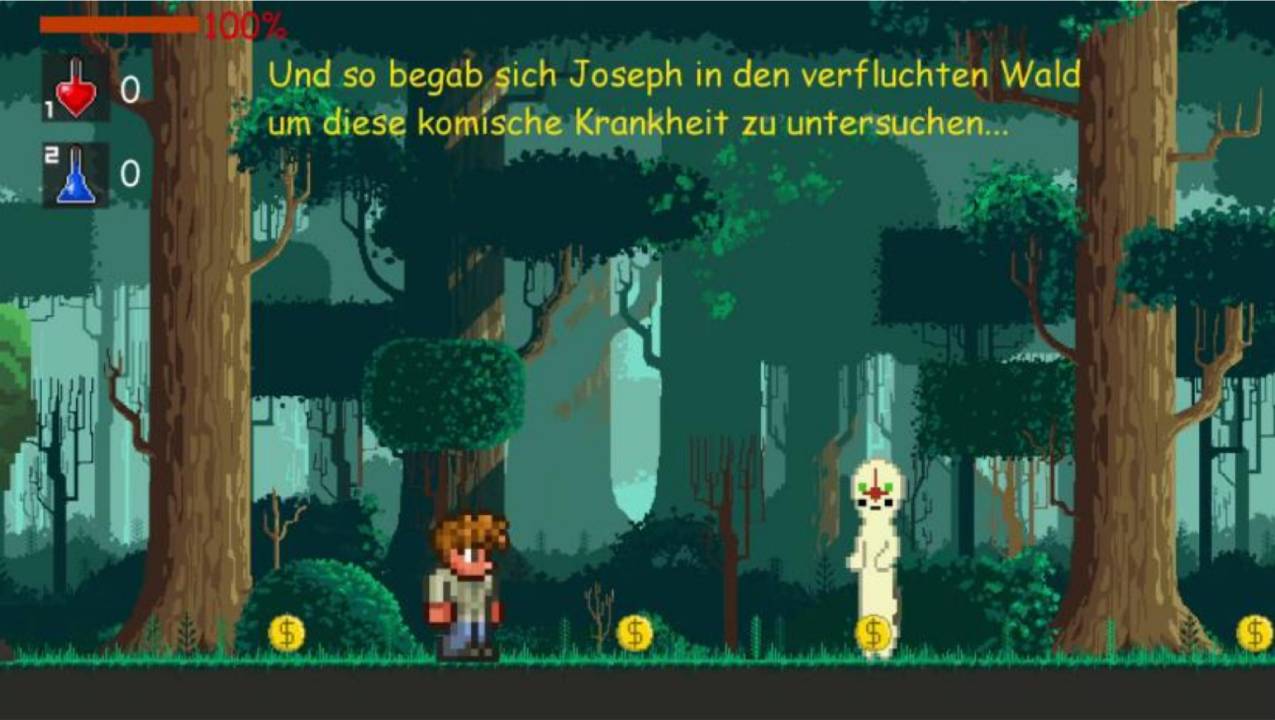 Early gameplay screenshot of A Merchant’s Life showing the merchant in a forest with coins and a pale enemy.