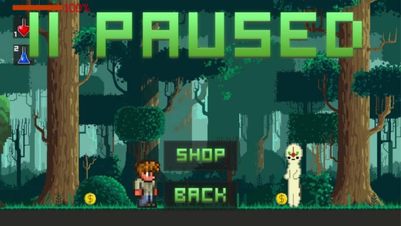 Pause menu of A Merchant’s Life over the forest level with shop and back options.
