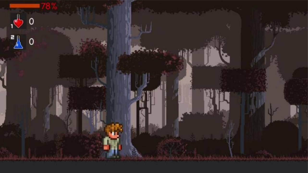 Gameplay screenshot of the second level in A Merchant’s Life with a darker forest background.