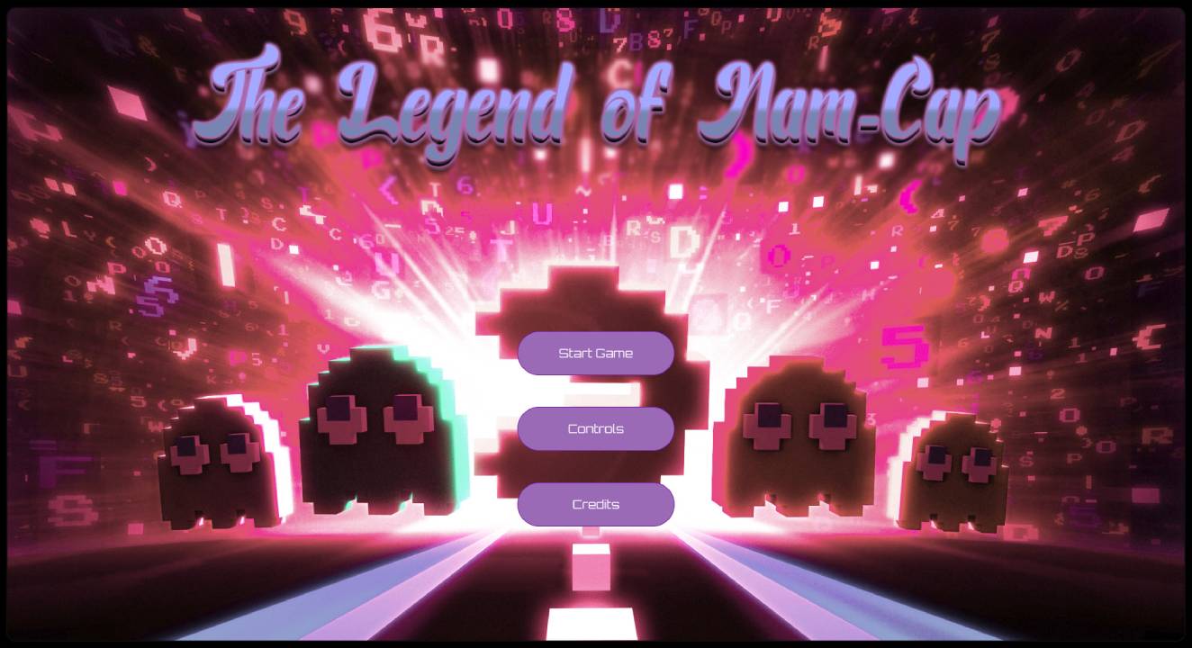 Title screen of nam-cap with a glowing retro background and start menu buttons.