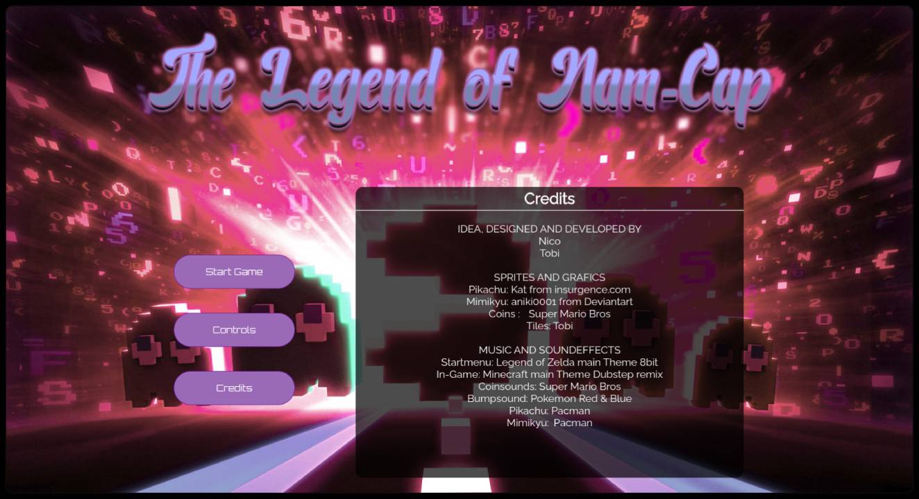 Credits screen of nam-cap with a bright retro menu background and listed asset sources.