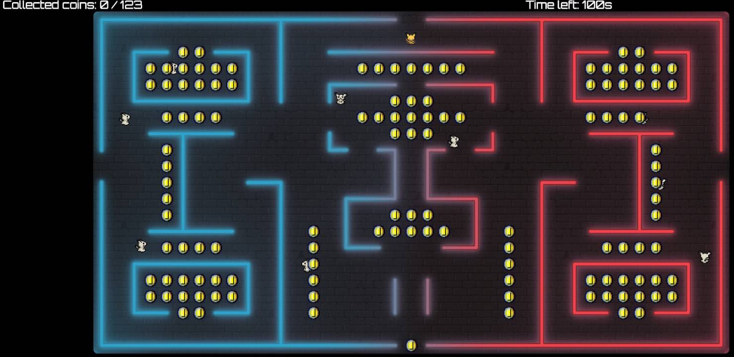Gameplay screenshot of nam-cap showing the full maze, coin layout and enemy sprites.