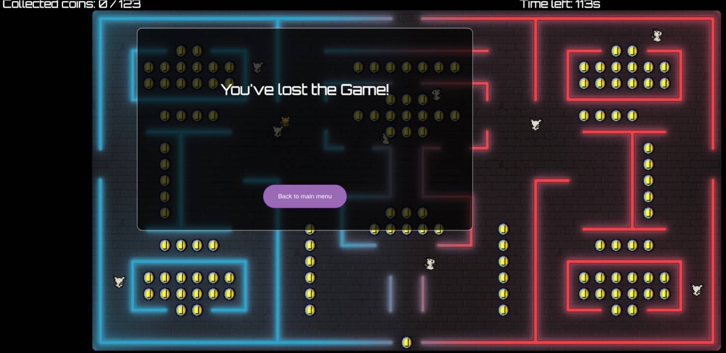 Defeat screen of nam-cap with the neon maze still visible behind the overlay.