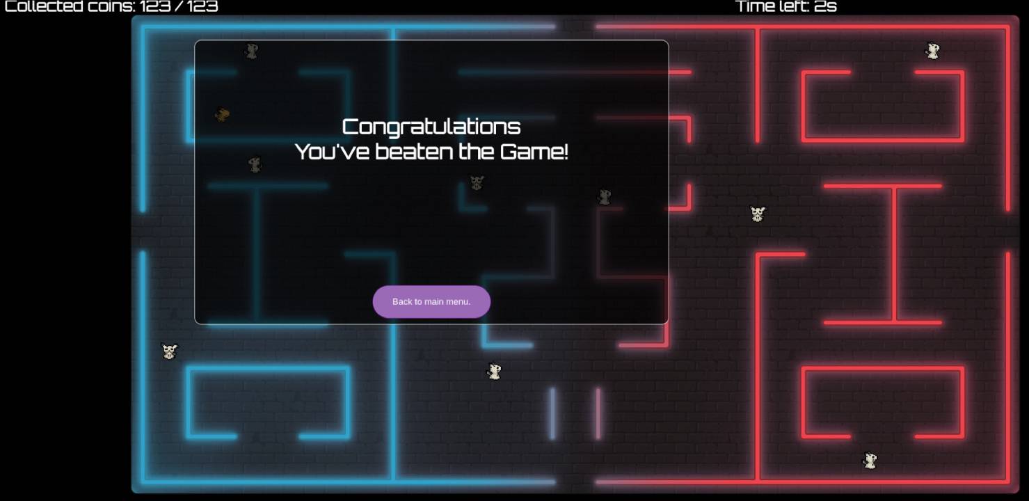 Victory screen of nam-cap showing the neon maze with all 123 coins collected.