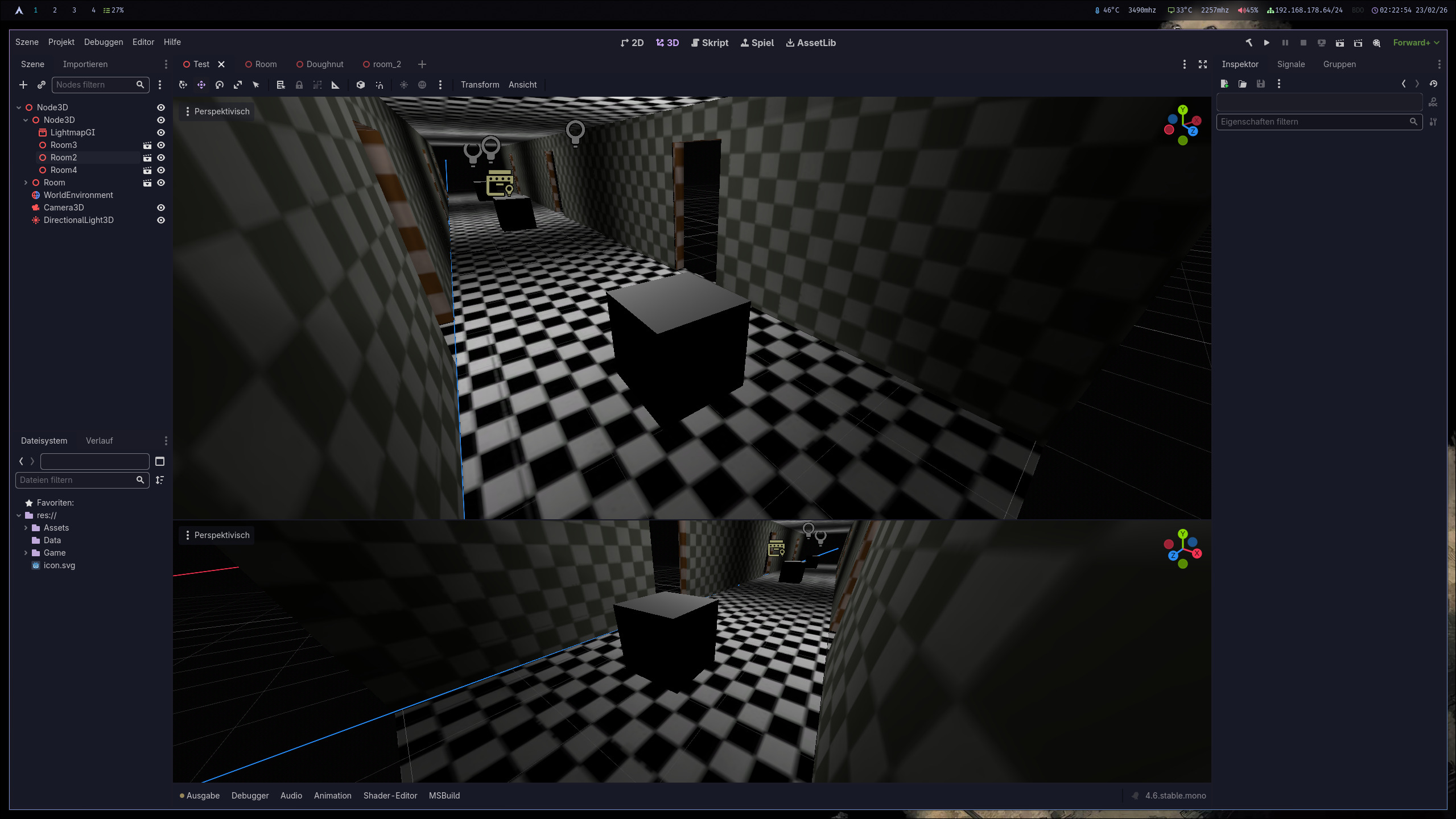 Lightmap baking artifacts and visible seams between instanced room segments in the hallway