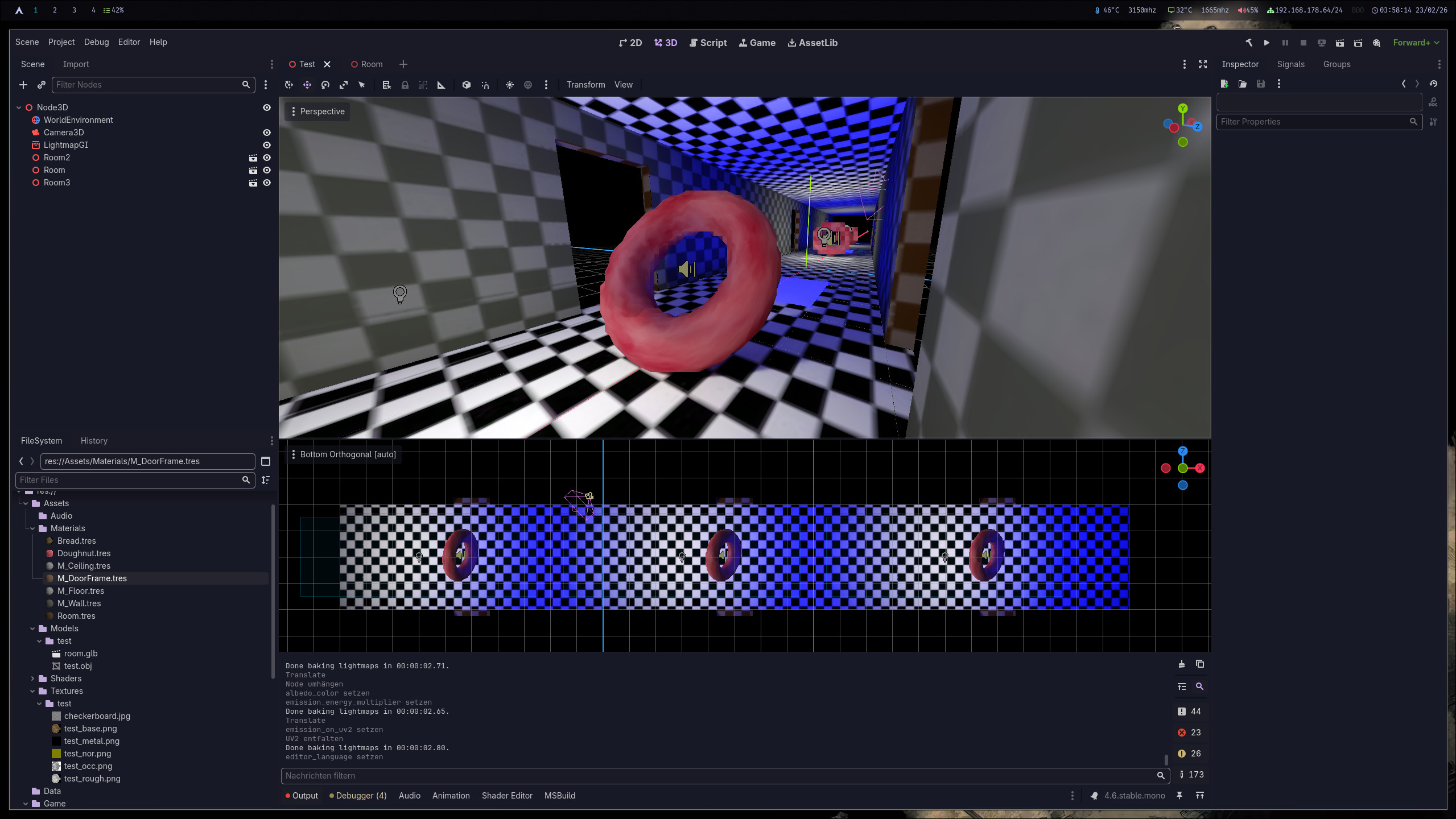 Improved hallway lighting after increasing lightmap texel density, with cleaner bakes and emissive doughnuts