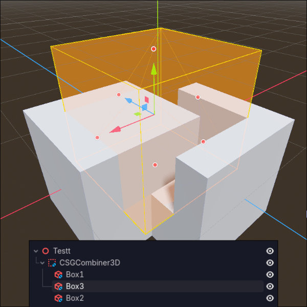 Godot CSG example where the node order prevents the cutter from affecting the whole shape