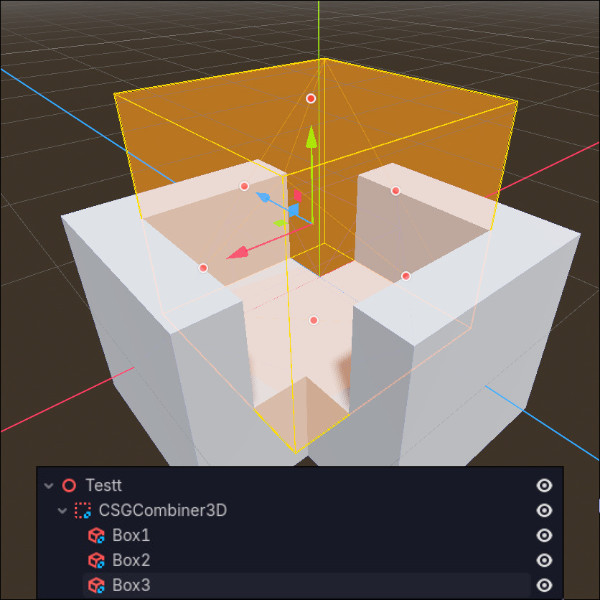 Godot CSG example where reordering the nodes makes the cutter affect the combined shape