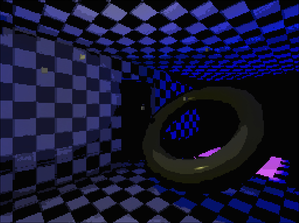 A corridor with a large doughnut and experimental lighting