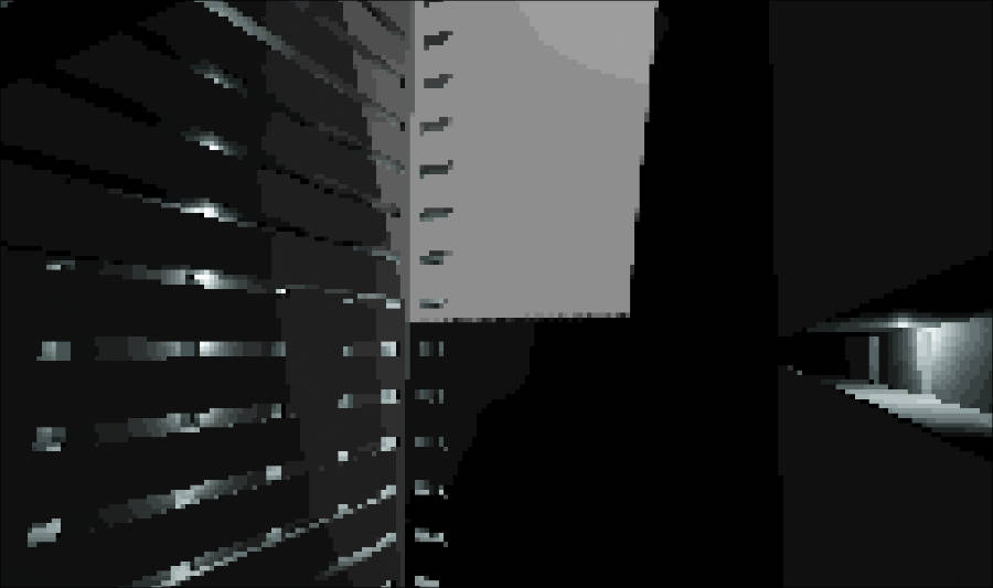 Rough Godot CSG blockout of stacked interior floors around a tall central void.