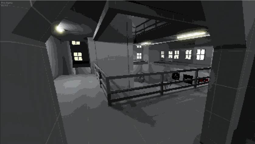 Grey blockout view of a larger interior space with lit window shapes and overlapping architectural volumes.