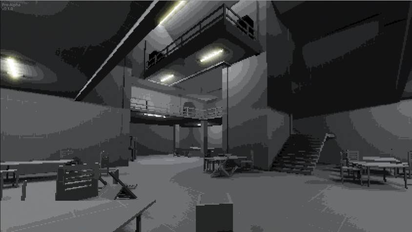 Bright grey blockout area showing a larger cafeteria-like space with windows, columns and layered ceiling shapes.