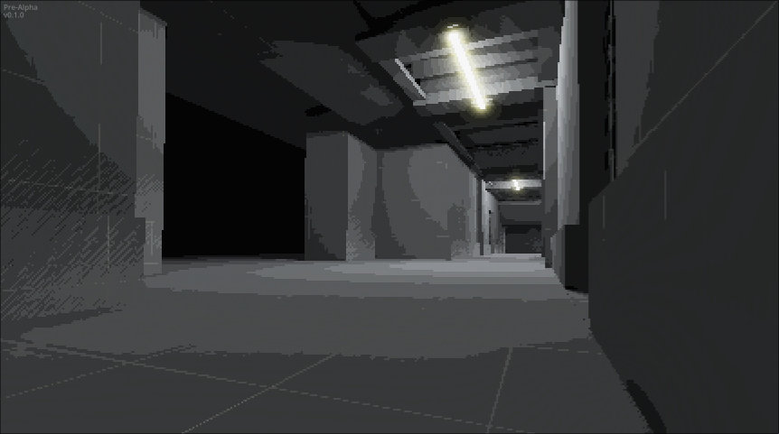 Grey blockout view of an unfinished interior corridor with ceiling lights and rough architectural shapes.