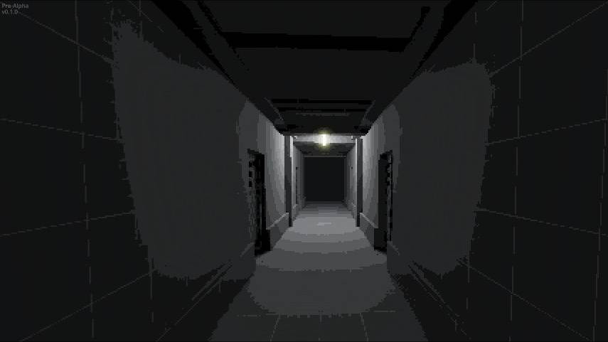 Dark grey blockout corridor with a central ceiling light and narrow wall openings on both sides.