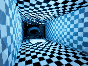 A corridor with a large doughnut and pulsating lighting