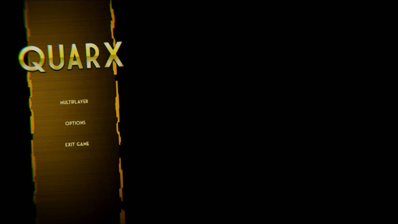 Main menu of Quarx with yellow glitch-styled UI on a black background.