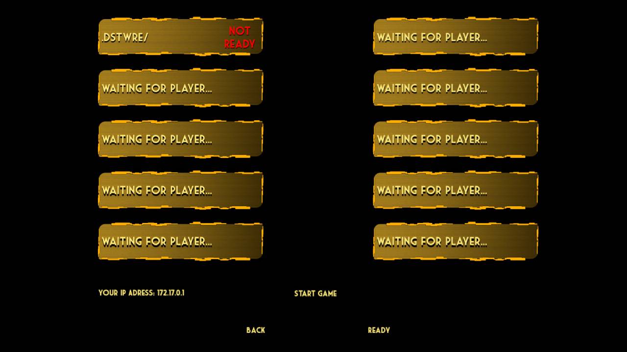 Multiplayer lobby screen showing player slots, ready states and local host IP address.