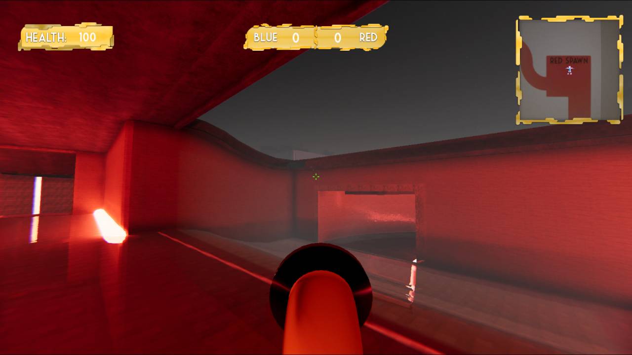 In-game first-person view with HUD showing health, score and minimap.