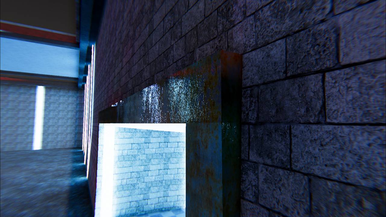 Close-up of a wall section with reflective material and bright white neon lighting.