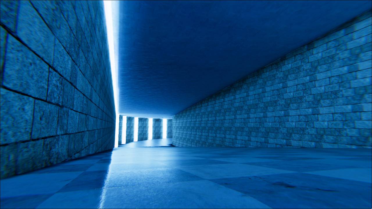 Narrow blue-lit hallway with bright light strip running along the ceiling edge.