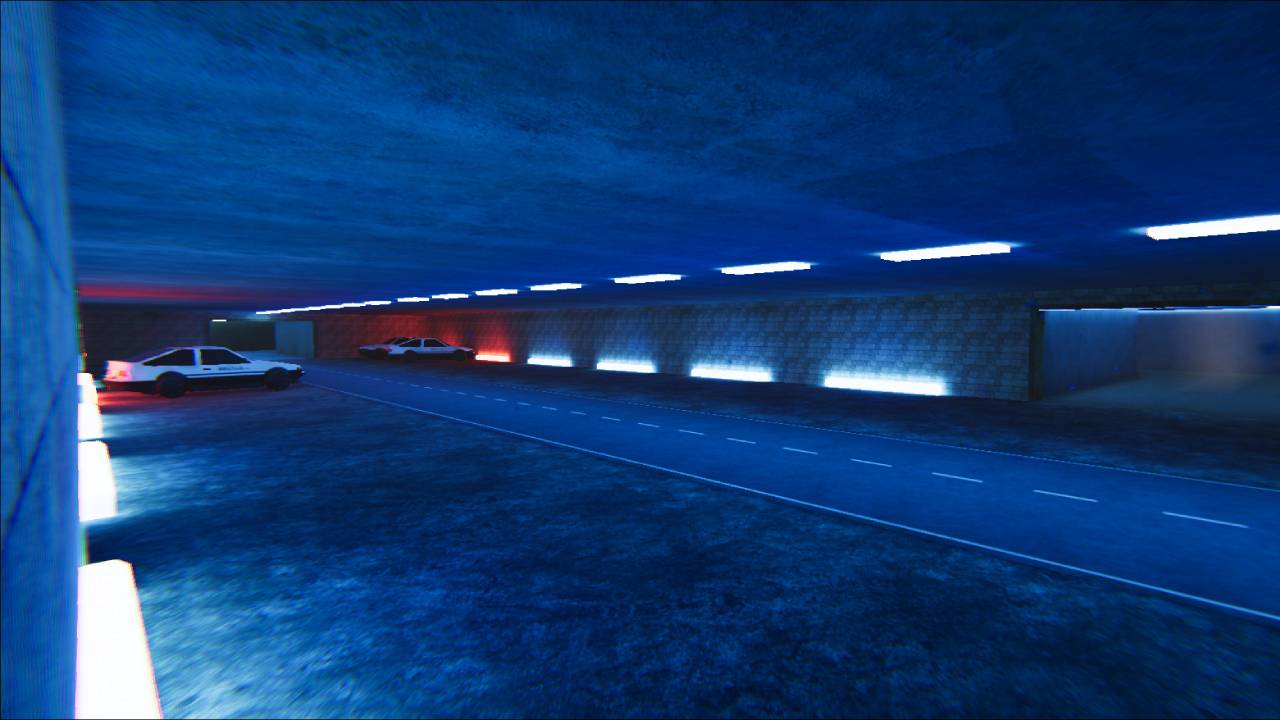 Underground road section of the map with parked cars and alternating blue and red lighting.