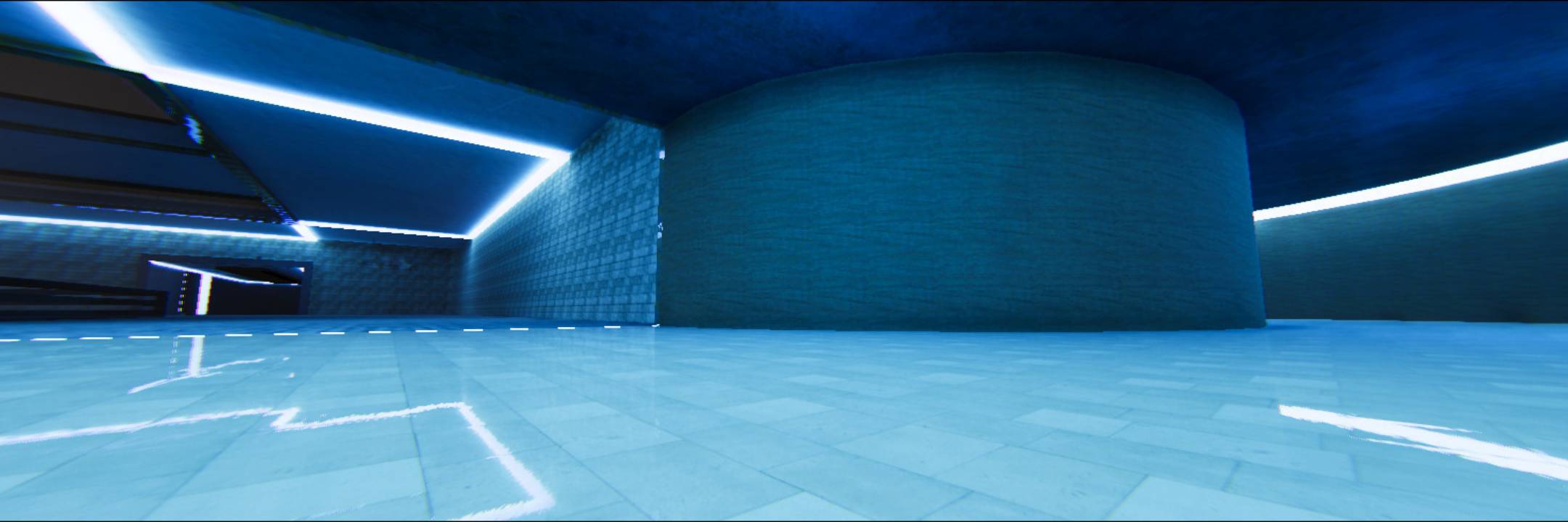 Glossy blue-lit interior space with tiled floor and a large cylindrical structure.