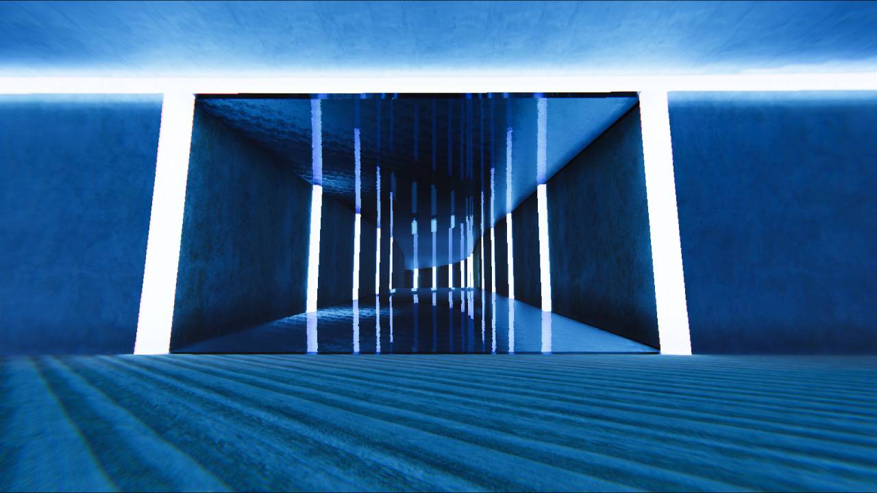Blue corridor with vertical light strips reflected in a glossy floor.