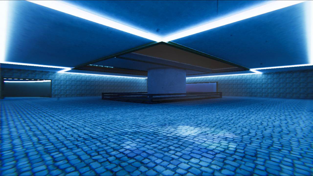Large blue-lit room with tiled floor and central architectural structure.