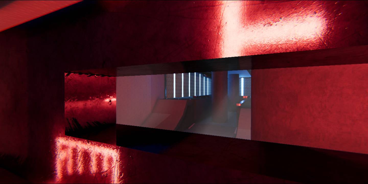 Red-lit interior shot looking through a railing into another part of the arena.