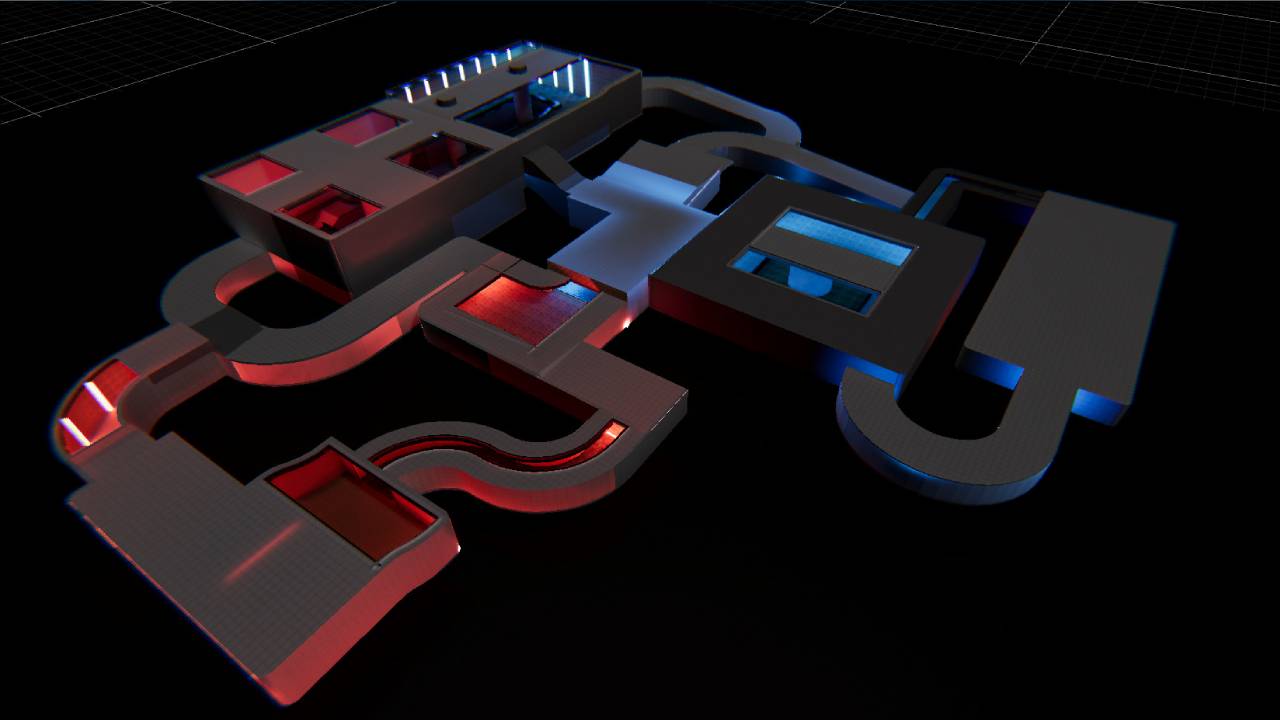 Overhead view of the Quarx arena layout with red and blue lit sections.