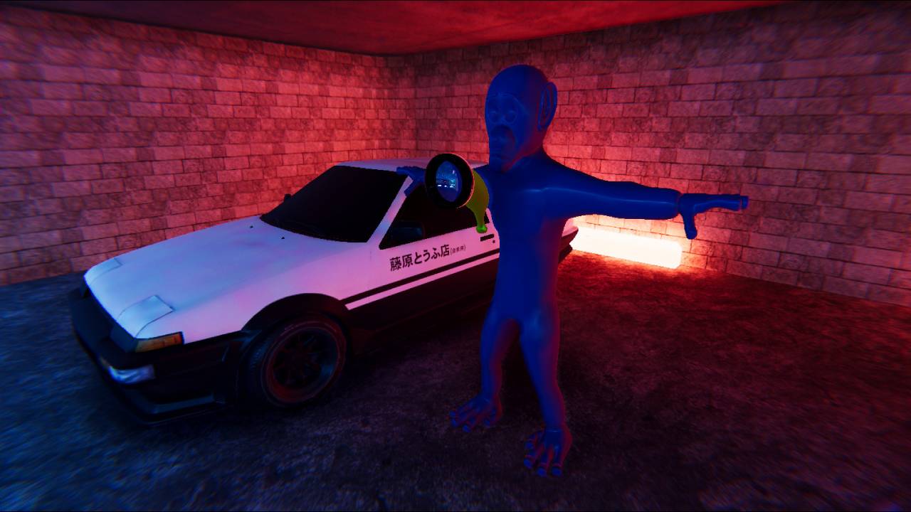 Blue T-posing monkey character holding a banana weapon next to a car in a neon-lit garage.